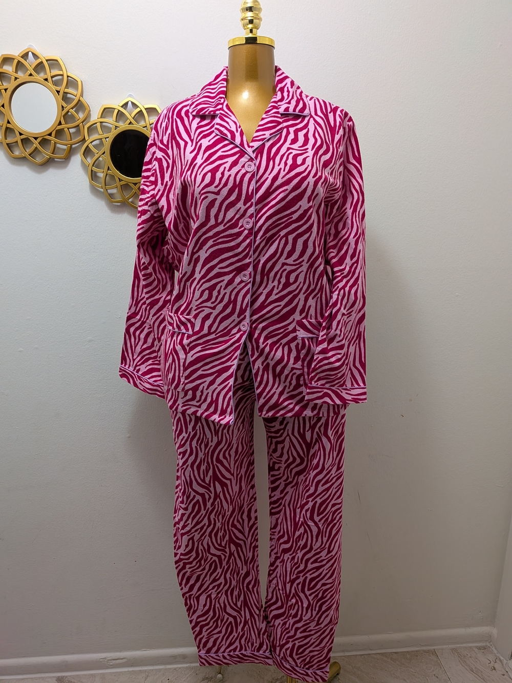 GLOBAL Women's Flannel PJs Set 100% Cotto Loungewear Long Sleeve Pink Zebra-M